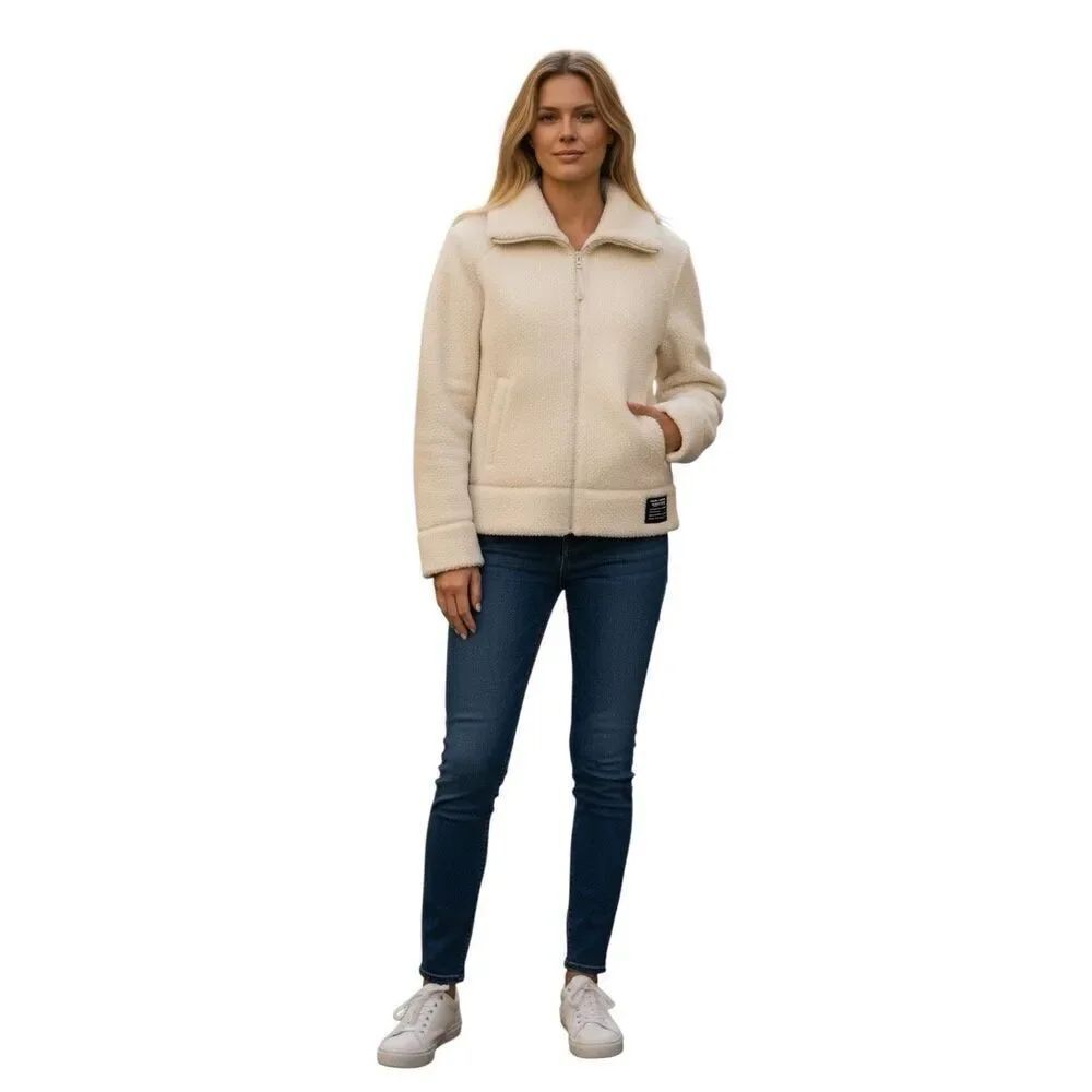 DKNY Active Cream Teddy Fleece Jacket Size L Cozy Zip-Up Comfort Layer